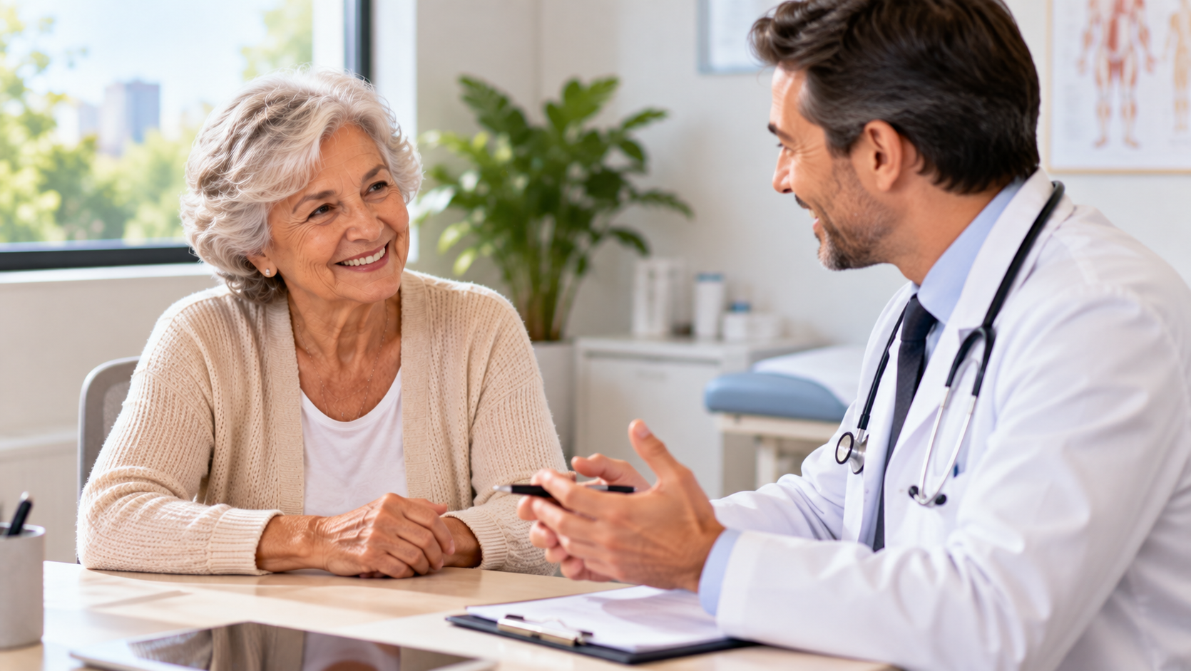 Idosa conversando com um médico durante uma consulta em um consultório, em um ambiente acolhedor e profissional.