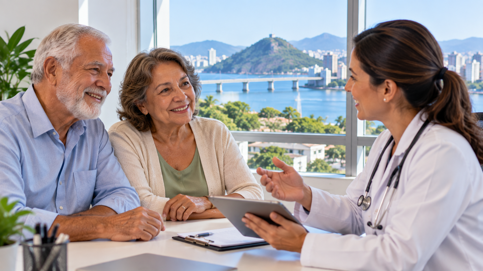 Casal de idosos em consulta médica no Espírito Santo, conversando com uma médica que apresenta informações sobre cuidados de saúde em um tablet.