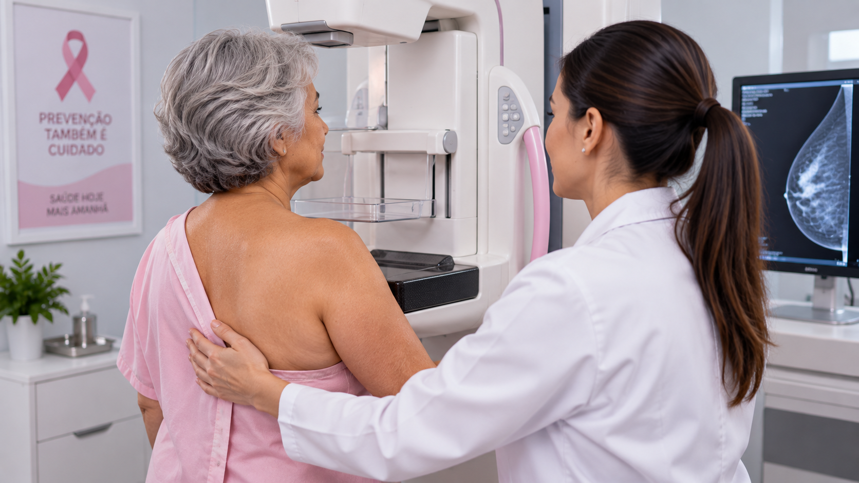 Idosa realizando exame de mamografia com auxílio de uma profissional de saúde em uma clínica.