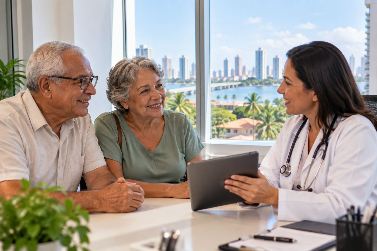 Casal de idosos em consulta médica em uma clínica de Recife, conversando com uma médica que apresenta informações em um tablet.