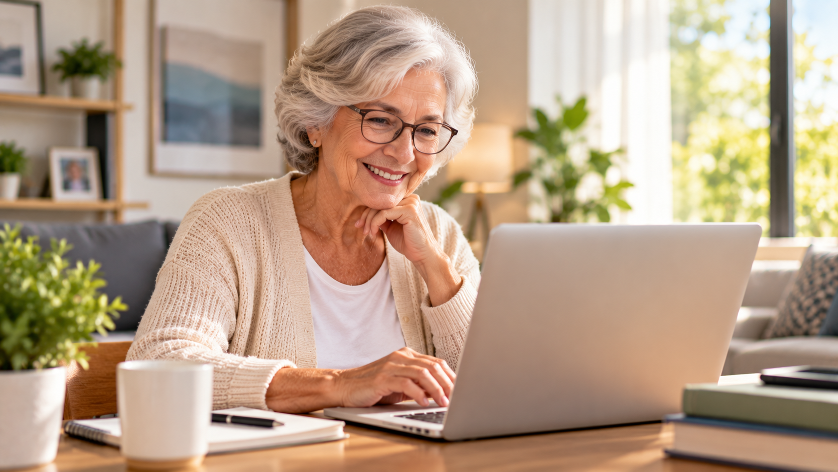 Idosa sorrindo enquanto utiliza um laptop em casa, representando a busca por um plano de saúde individual.