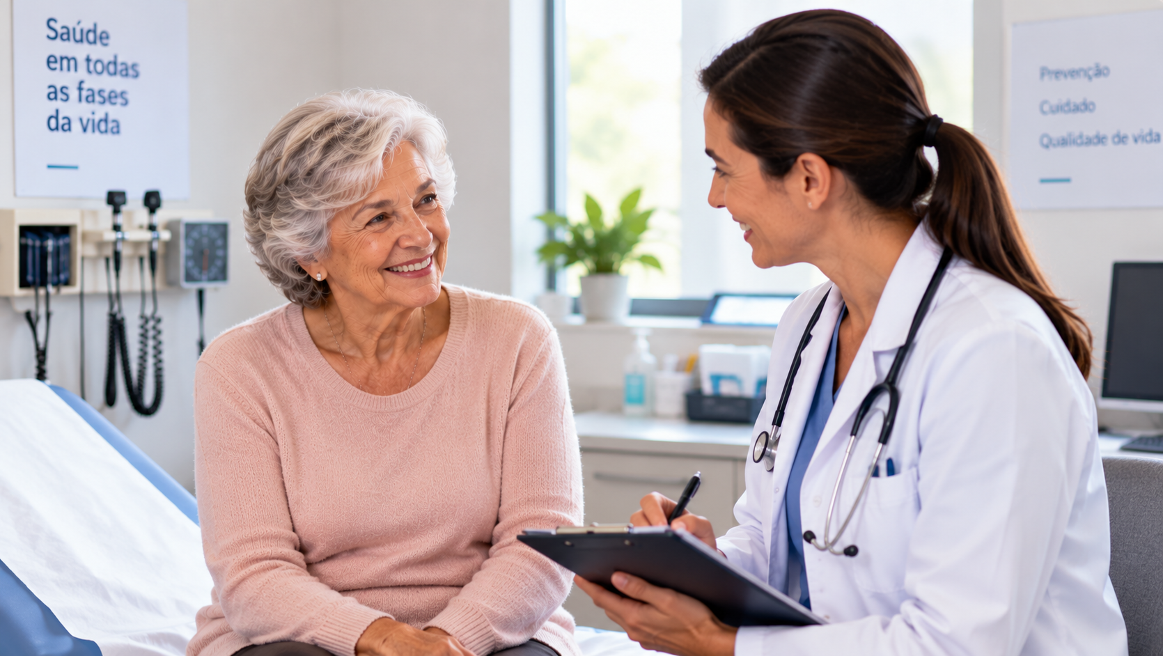 Idosa conversando com uma médica durante uma consulta em um consultório, representando o atendimento ambulatorial.
