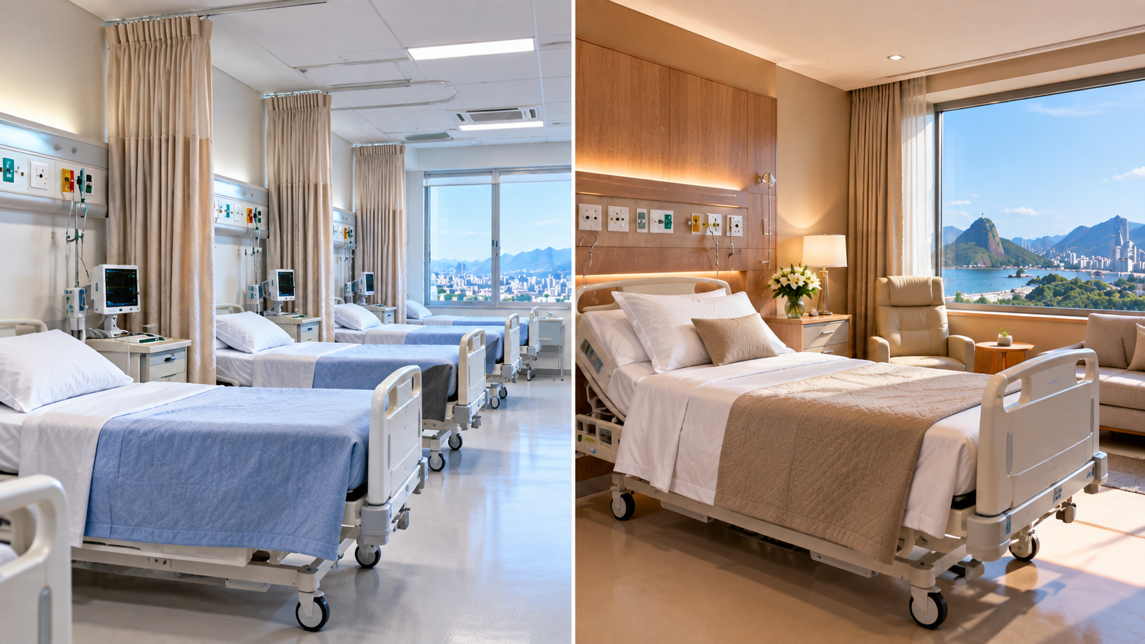 Comparação visual entre quarto hospitalar compartilhado e quarto privativo, representando as opções de acomodação enfermaria e apartamento em planos de saúde.
