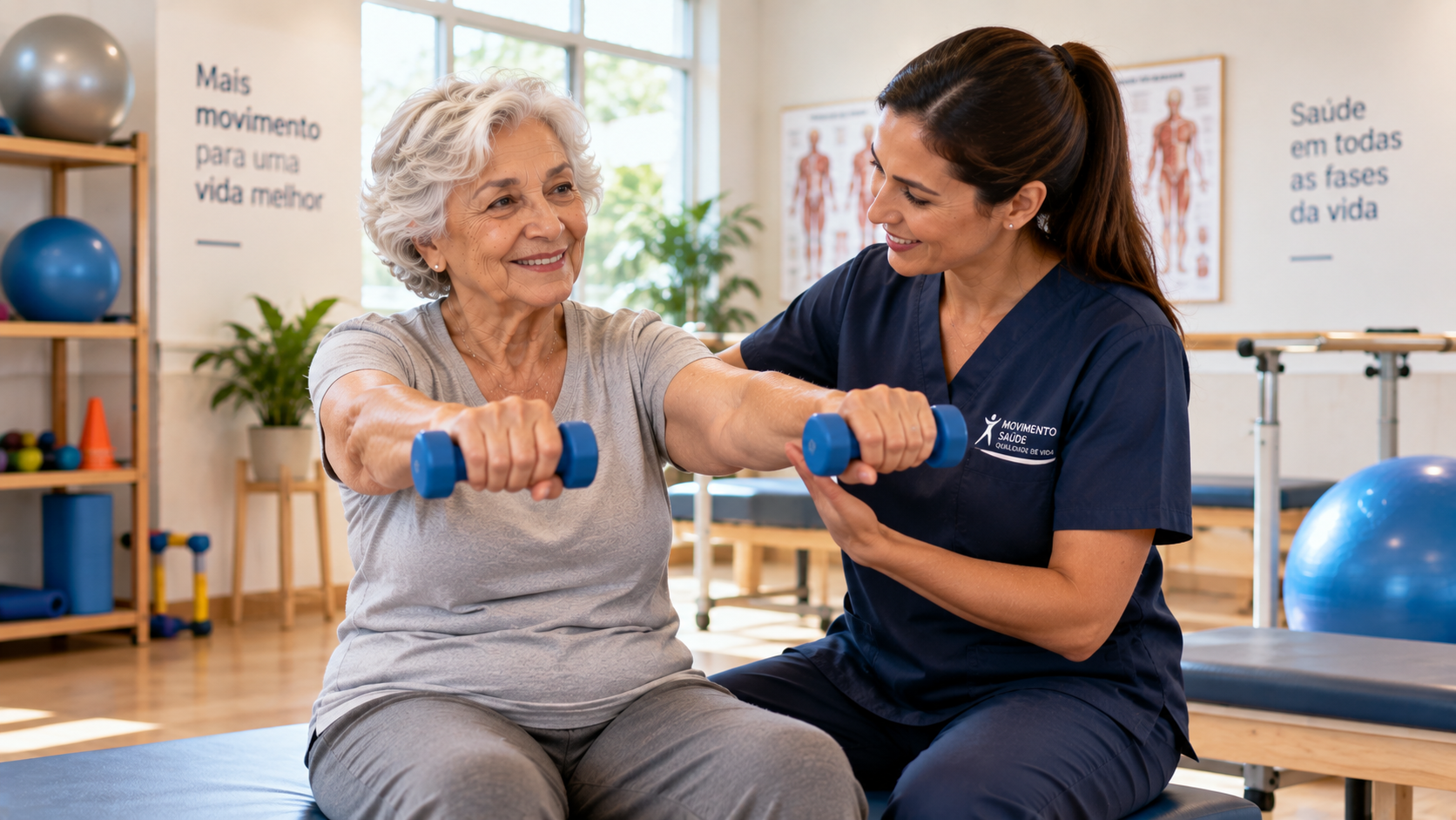 Idosa realizando exercícios de fortalecimento com halteres durante uma sessão de fisioterapia, acompanhada por uma profissional de saúde.