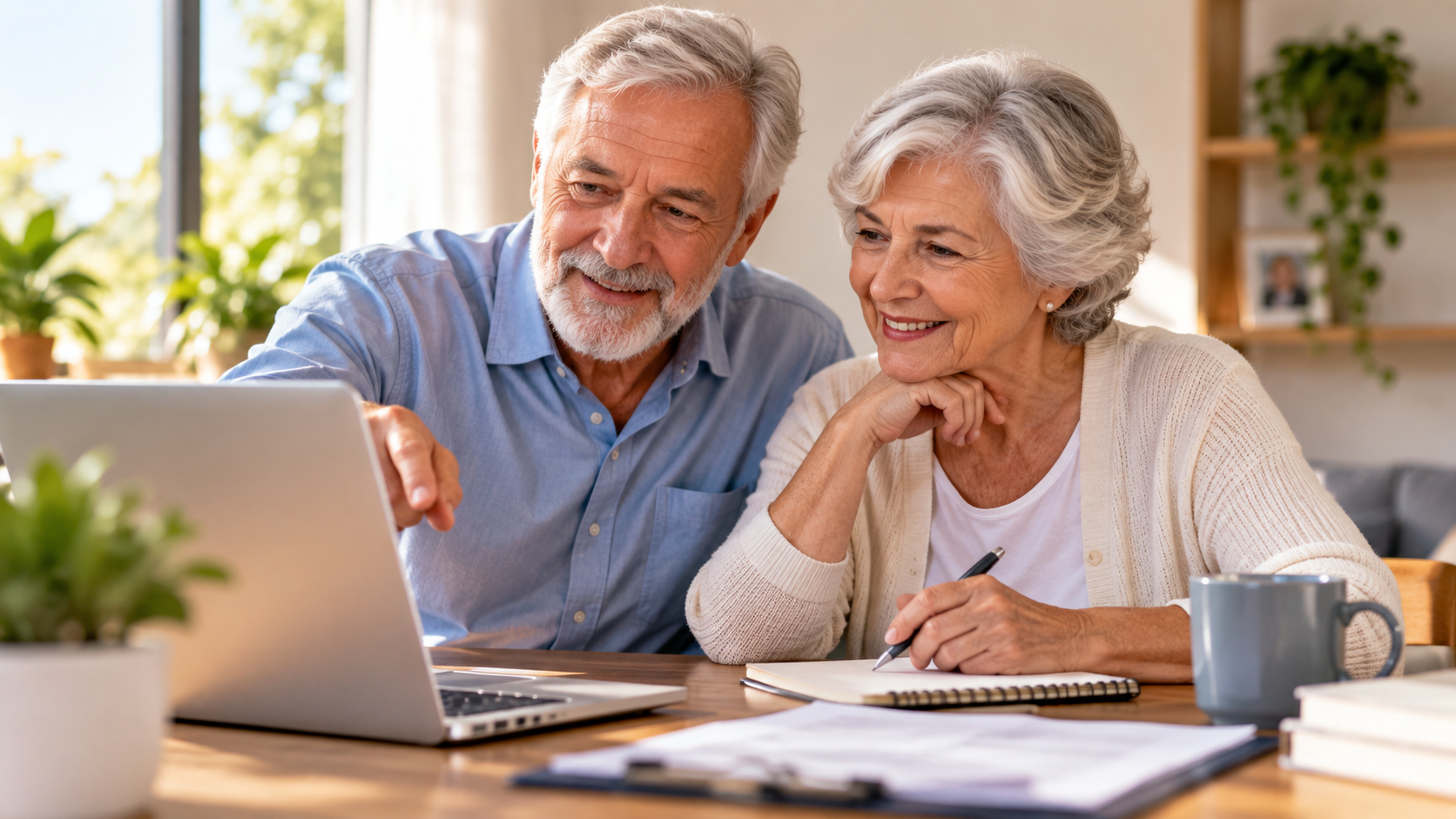 Casal de idosos analisando informações de um plano de saúde em um laptop durante uma conversa em casa.
