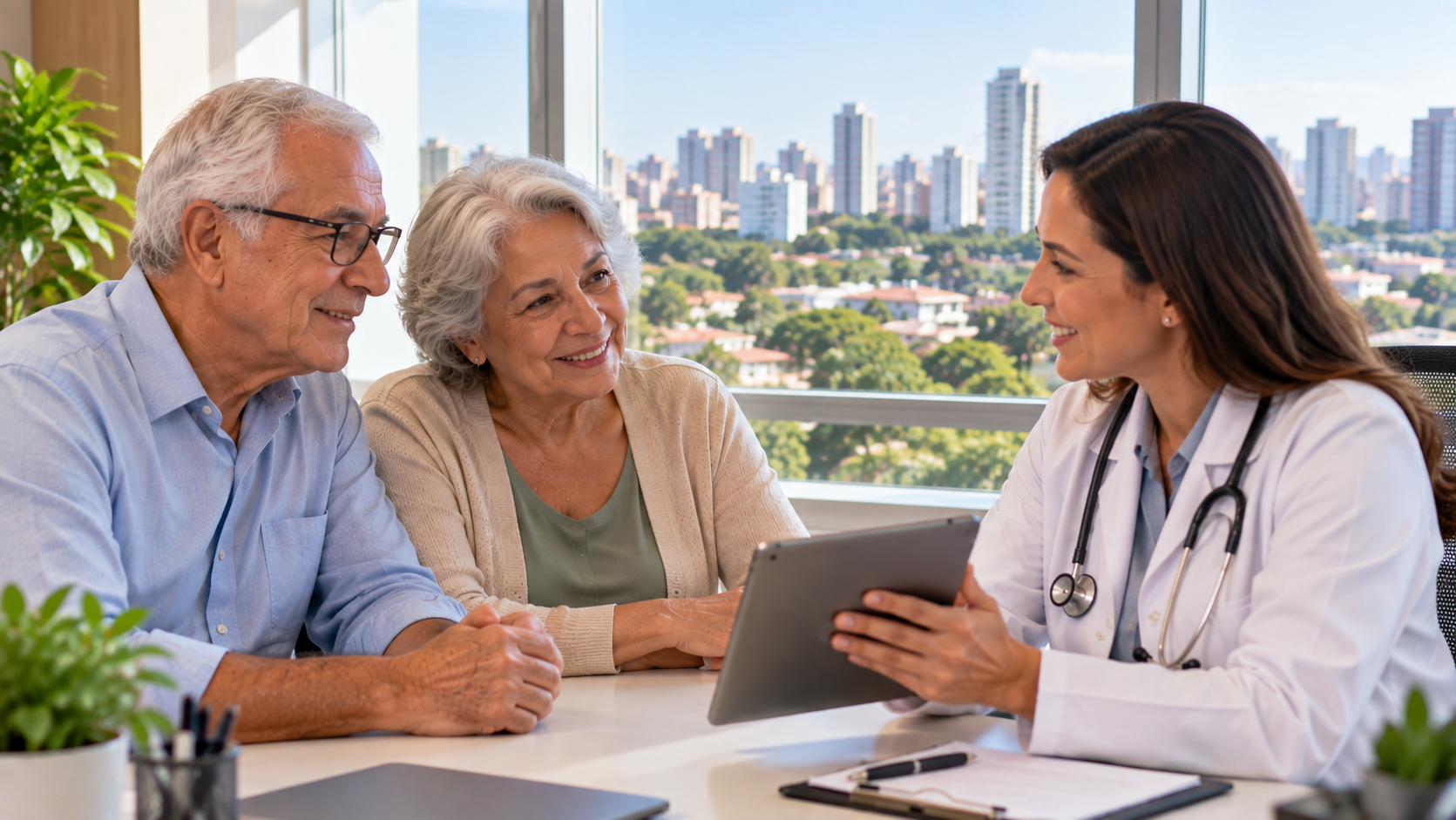 Casal de idosos em consulta médica em uma clínica de Campinas, conversando com uma médica que apresenta informações de saúde em um tablet.