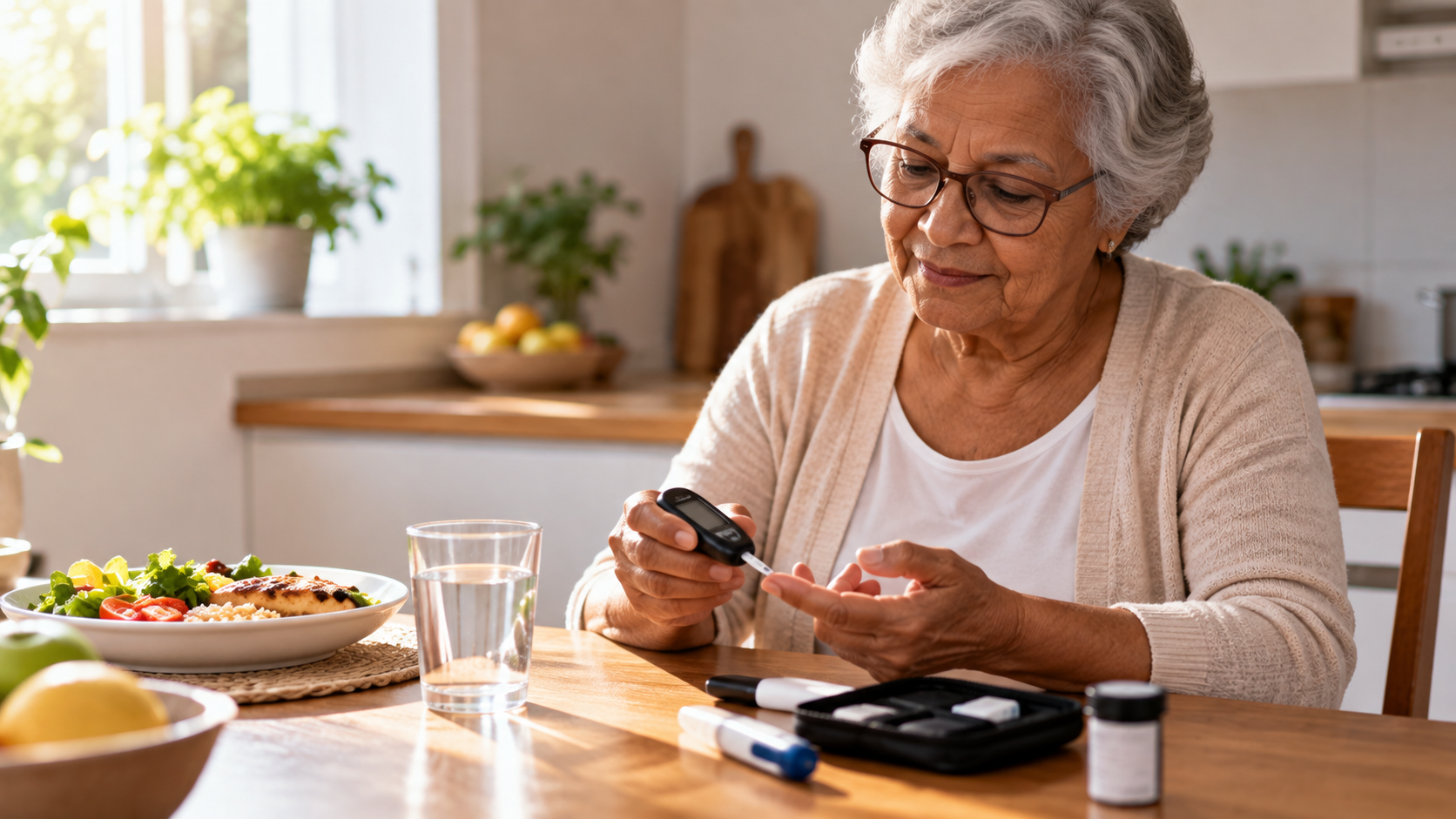 Idosa medindo a glicemia com aparelho digital em casa, com alimentos saudáveis e materiais para controle do diabetes sobre a mesa.