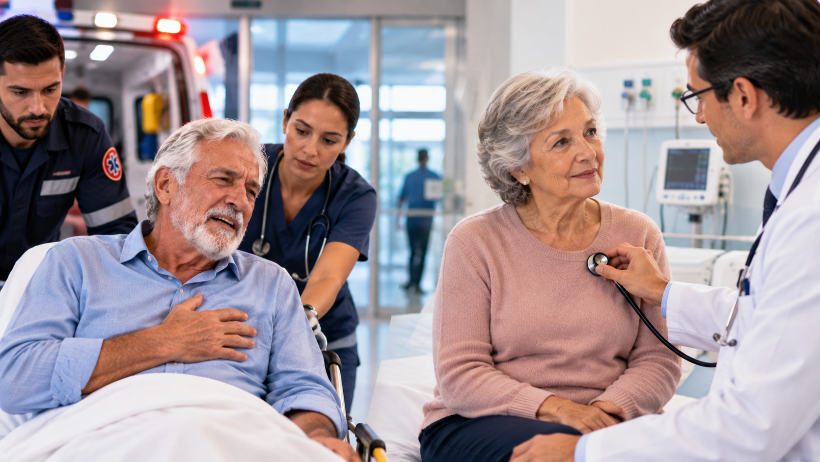 Idoso recebendo atendimento médico de emergência enquanto outra idosa realiza uma avaliação clínica em um hospital.