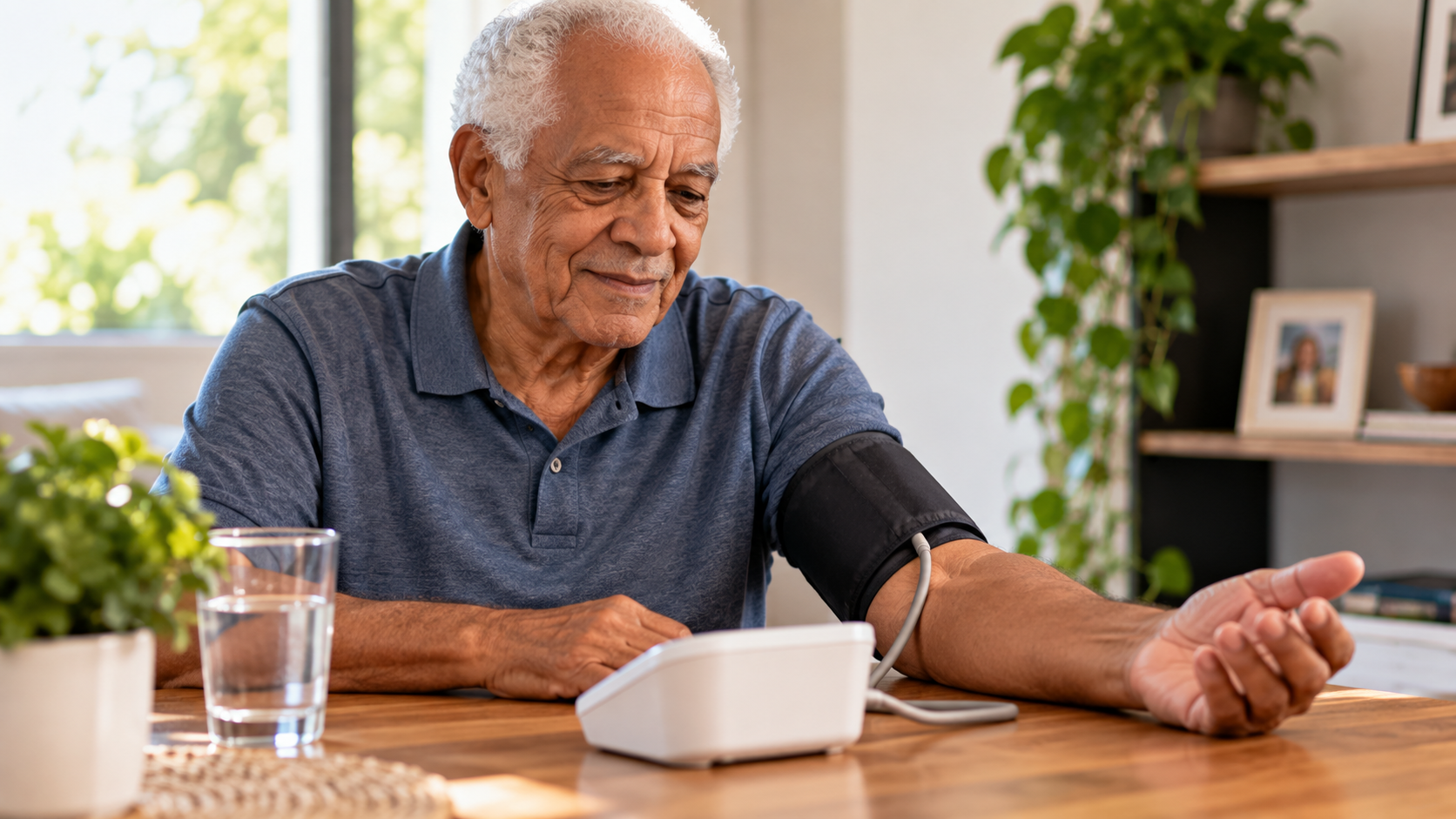 Idoso medindo a pressão arterial com aparelho digital sentado à mesa em casa.